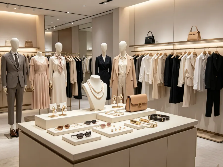 Fashion showroom with apparel, jewelry and accessories on display