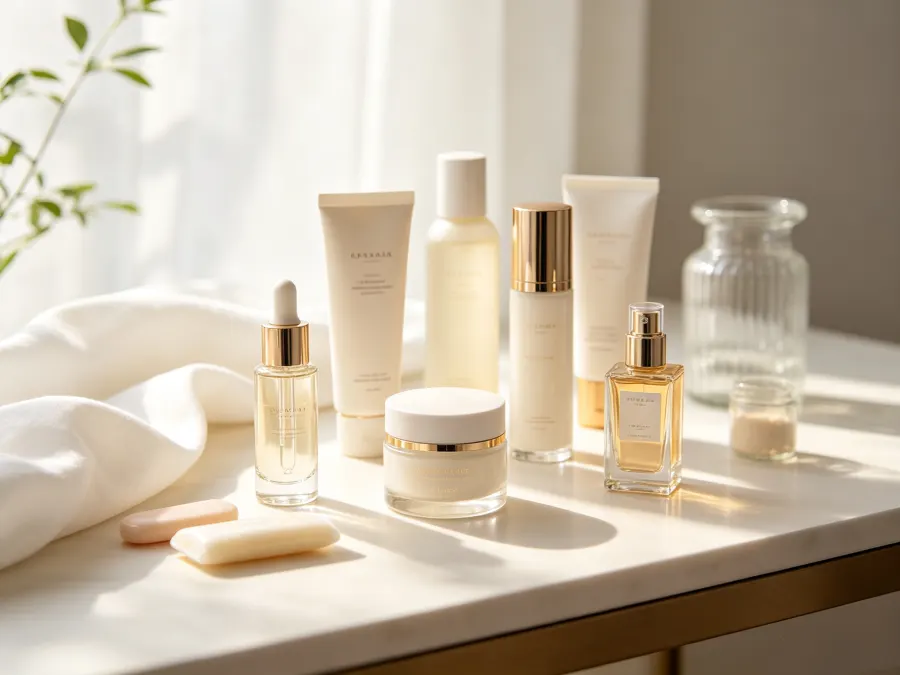 Skincare and cosmetics products arranged on a marble surface