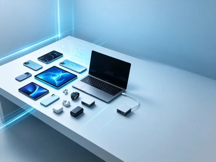 Consumer electronics including laptop, phones and accessories laid out on a table