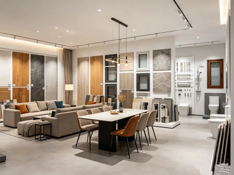Furniture and building-materials showroom with sofas, dining set and tile samples