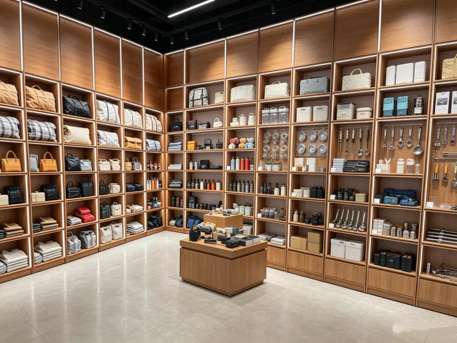 Retail store shelving with a wide range of household goods